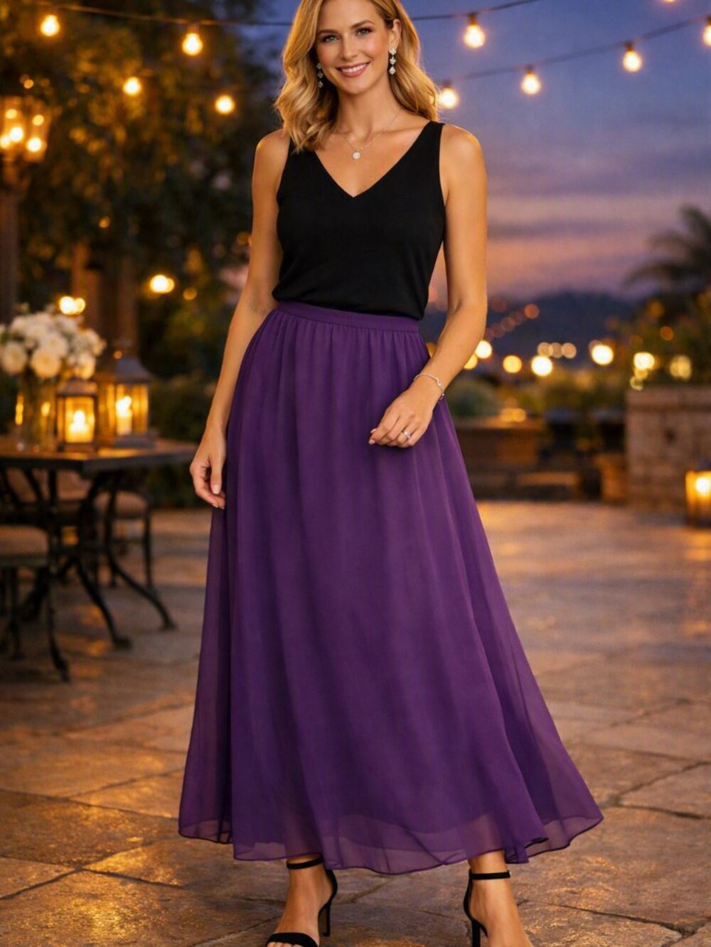 The Eileen Fisher 100% Silk Double Layered Skirt in Purple & Slate, Size medium